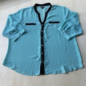 Dots Blouse Womens 3X Blue Sheer Chiffon Button Front Tunic Top 3/4 Sleeve